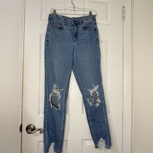 American Eagle Mom High Waisted Distressed Med Light Wash Jeans size 4L
